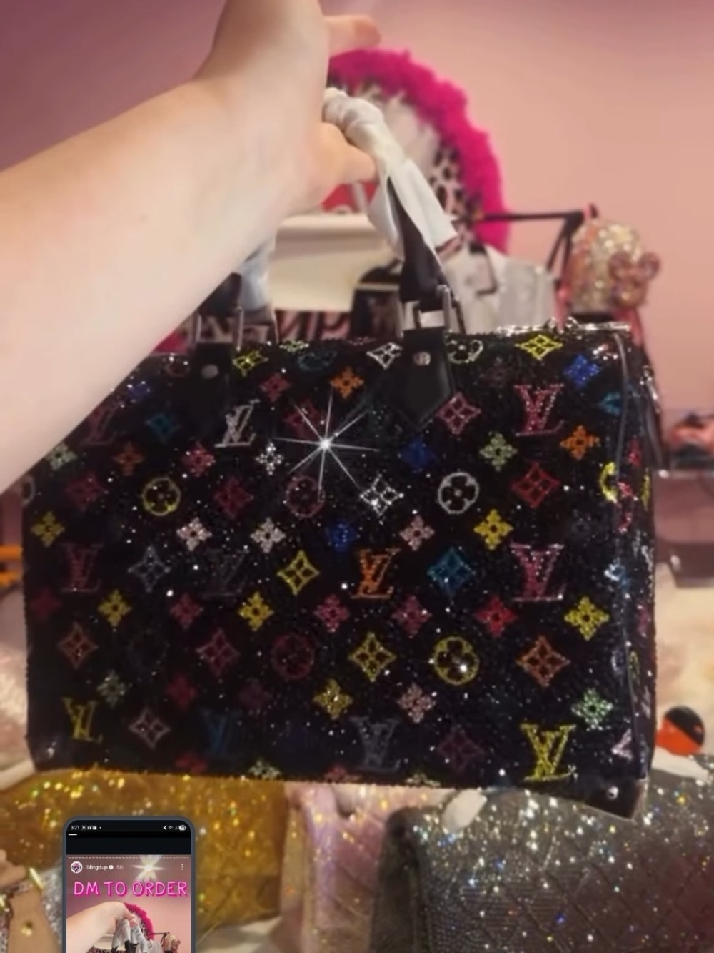 Luxury-Inspired Black Multicolor Sparkle Satchel